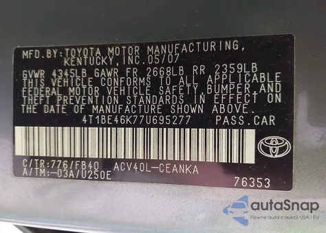 2007 Toyota Camry Le z USA, uszkodzony, nr VIN 4T1BE46K77U695277